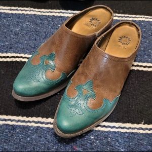 Womens western mules turquoise and brown